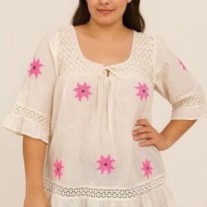 Huasteca Potosina Mexican Embroidered Blouse White Cotton Crochet HandmadeSize M